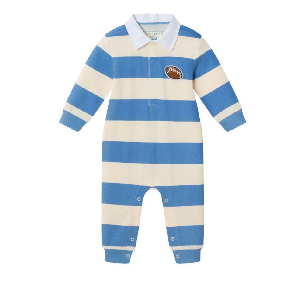 Andy & Evan Blue and Cream striped Football polo one piece size 12-18 m